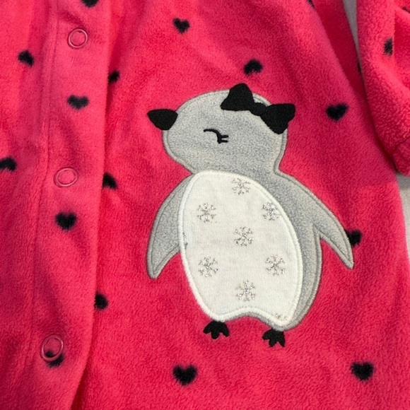 Carter's - NWOT - Pink Fleece Baby Onesie/hooded romper with Heart Accents - Picture 2 of 3